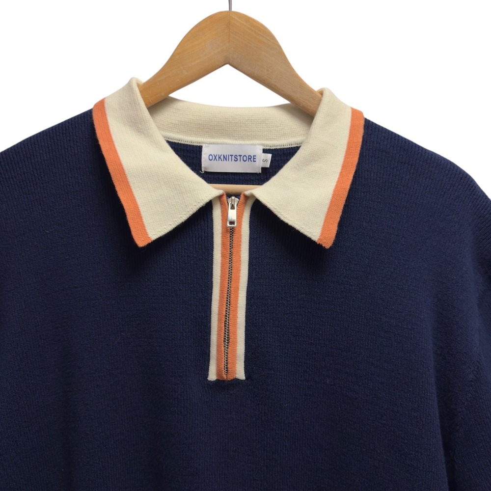 OXKNIT Men's Sz Small Navy Blue Knit 1/4 Zip Sweater Polo Shirt Ribbed Retro euc